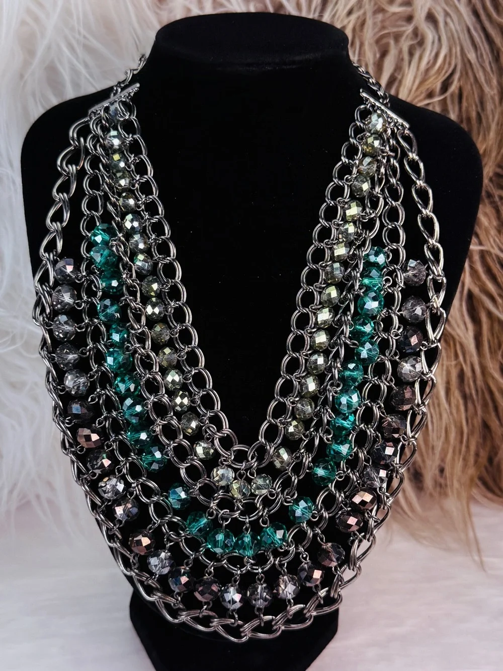 Multi Strand Dark Silver Tone Chain Teal Faceted Bead Bib Statement Necklace